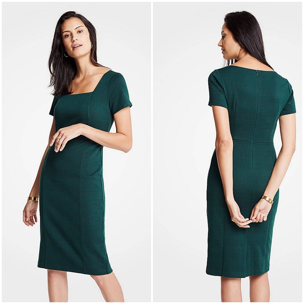 Ann Taylor Plaid Square-Neck Fitted Dress